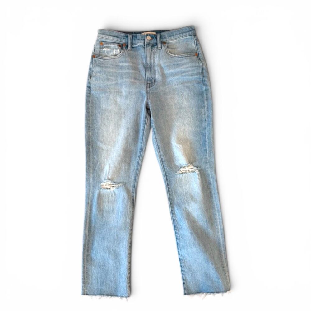 Madewell The High Rise Slim Boy Jean 28 Distressed Straight Leg Raw Hem Jeans